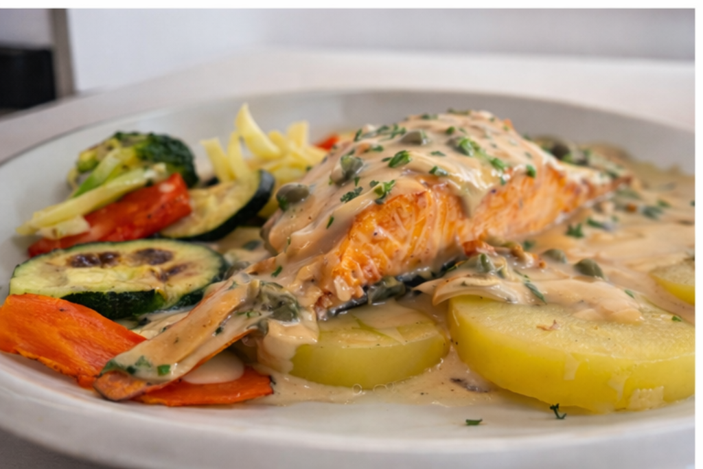 Salmon con salsa de queso de menorca